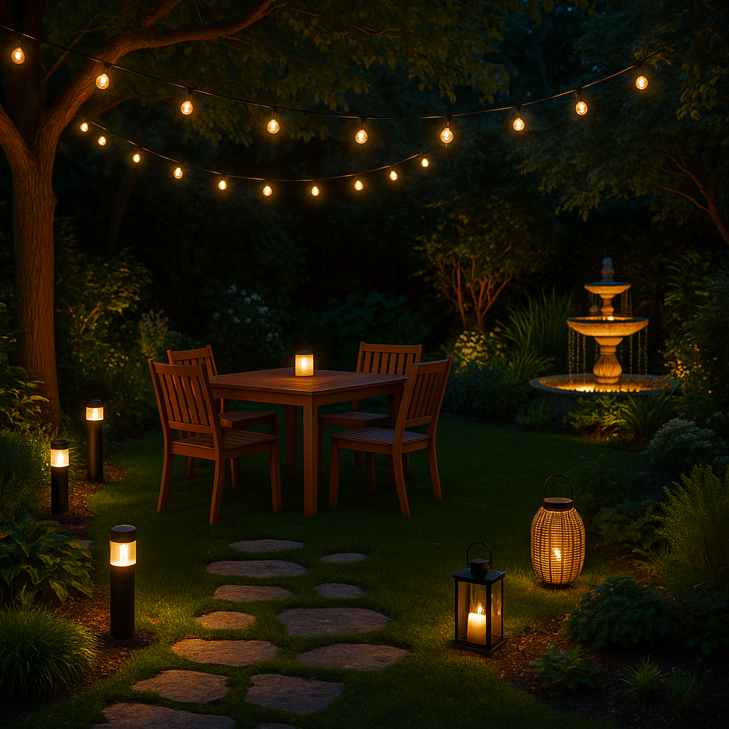 Un jardin éclairé au crépuscule avec une table en bois sous des guirlandes lumineuses, des lanternes et bornes LED illuminant un chemin en pierre, et une fontaine doucement éclairée en arrière-plan, créant une atmosphère chaleureuse et féerique.