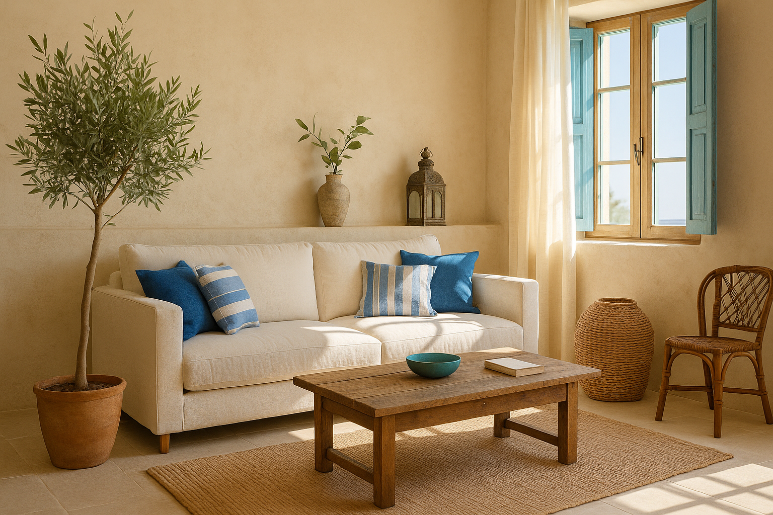 Intérieur d’un salon décoré dans un style méditerranéen avec un canapé beige, des coussins bleus, une table basse en bois, un tapis en jute, un olivier en pot, et des volets bleu azur laissant entrer la lumière naturelle.