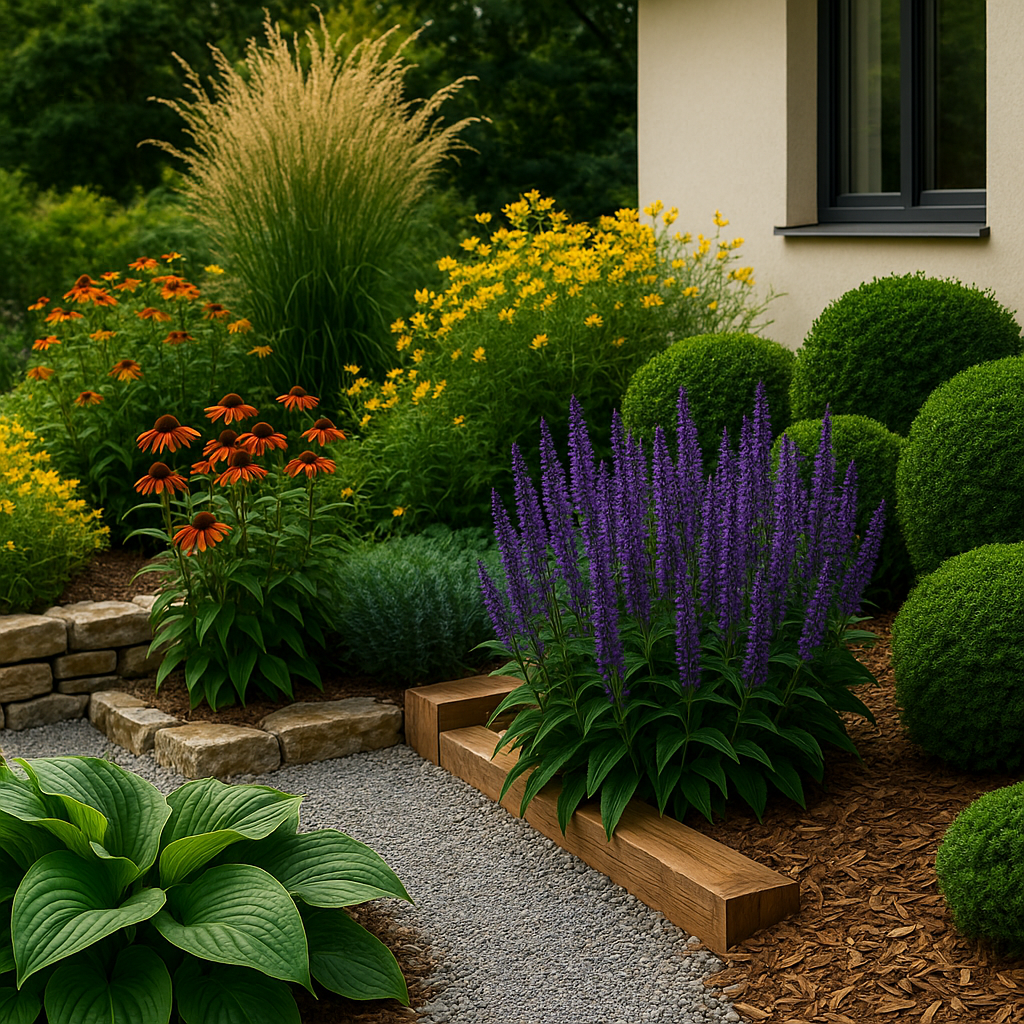 Jardin paysager en fleurs avec des textures variées, incluant des hostas verts, des salvia violettes, des échinacées orange, des coreopsis jaunes, de l’herbe ornementale et des bordures en pierre et bois, devant une maison moderne.