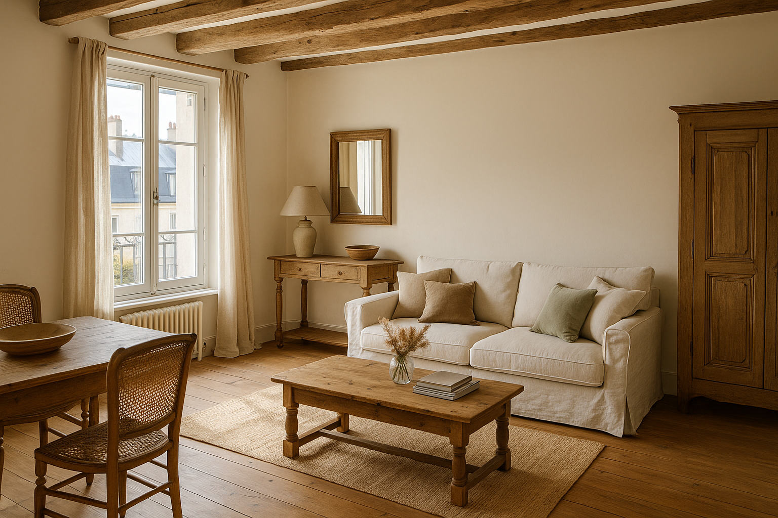Salon lumineux avec poutres apparentes, mobilier en bois et décoration rustique dans un appartement parisien transformé en maison de campagne.