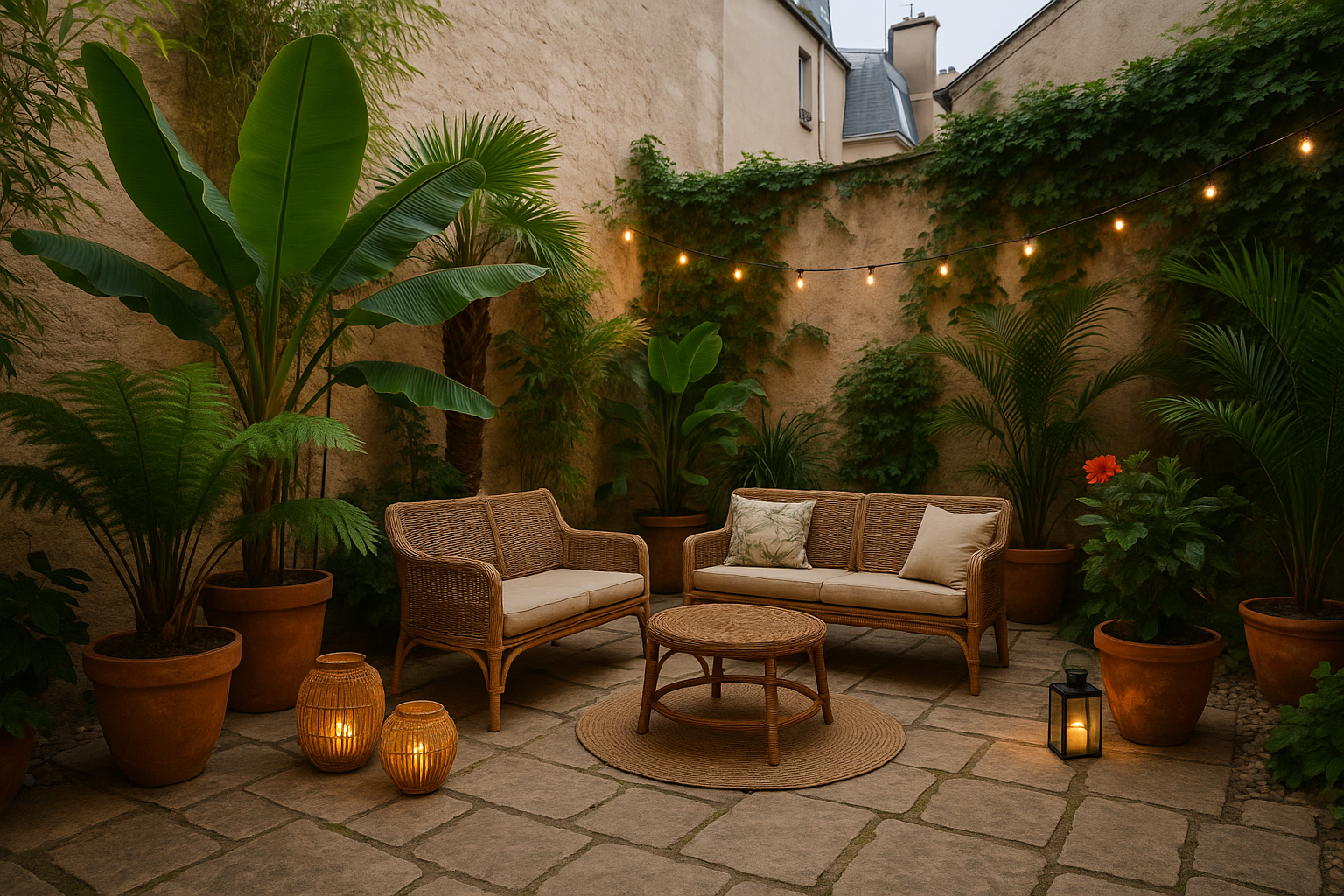 Un patio urbain de style tropical entouré de murs en pierre, agrémenté de grandes plantes exotiques en pots bananier, palmier, fougère, hibiscus et décoré avec un mobilier en rotin, des lanternes en osier et des guirlandes lumineuses, créant une ambiance chaleureuse en fin de journée.