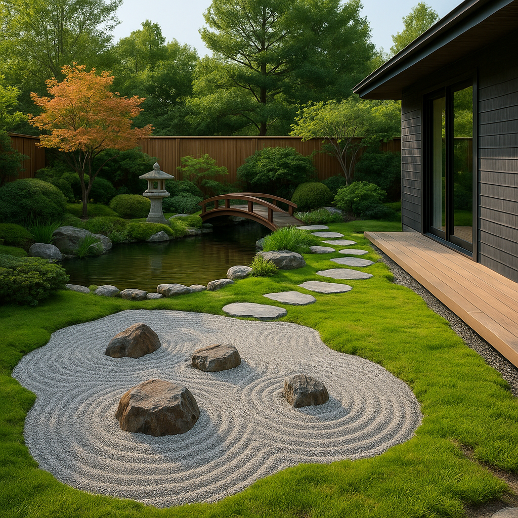 Vue d’un jardin japonais contemporain avec un bassin paisible, un petit pont en bois, un espace de sable ratissé entouré de pierres, des plantes vertes soigneusement taillées et un érable du Japon, attenant à une terrasse en bois d’une maison au design minimaliste.