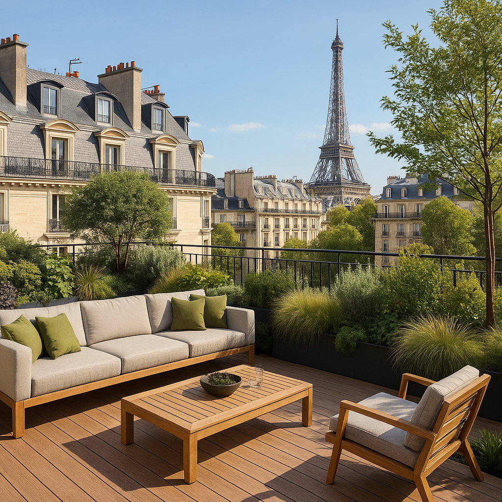 Terrasse design à Paris avec mobilier en bois, plantes verdoyantes et vue dégagée sur des immeubles haussmanniens et la Tour Eiffel en arrière-plan.