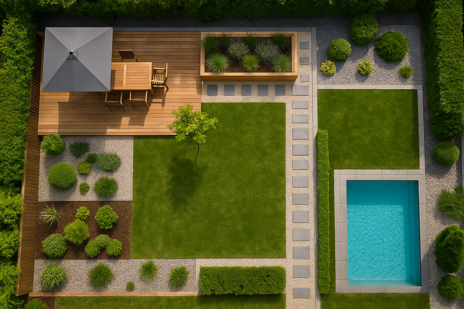 Vue aérienne d’un jardin paysager contemporain comprenant une terrasse en bois avec mobilier, une pelouse bien entretenue, des allées en gravier, un carré de plantation, des massifs végétalisés et une piscine rectangulaire, le tout encadré de haies vertes.